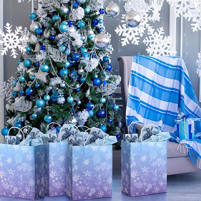 ReliThick 30 Pcs Snowflake Paper Bags Iced Candy Treat Goodie Gift Bags with Handle Blue and Purple Party Favors for Princess Holiday Birthday Wonderland Party Supplies (8.27 x 10.63 x 4.33 inches)