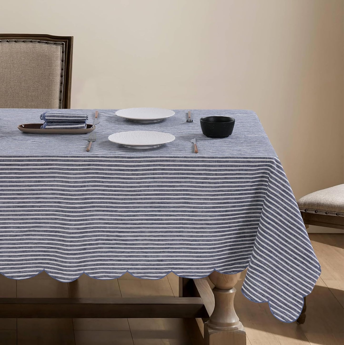 100% French Flax Linen Tablecloths Scalloped Embroidery Rectangle 108Lx60W Inch for Dinners, Parties, Spring, Machine Washable, 8-10 Sets, Blue Stripe(Edges-Blue)
