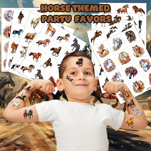 96 PCS Floral Cowgirl Horse Derby Pre-Cut Temporary Tattoos Birthday Party Favors Decorations Supplies Stickers Racing Pink Wild Horse Rodeo Cowboy Girls Boys Men Gift School Prizes Rewards (Normal)