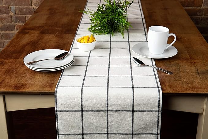 Sticky Toffee Cotton Table Runner 14x72 in – Cream Plaid Woven Table Décor for Kitchen or Dining Room, Farmhouse Style, Oeko-Tex Cotton