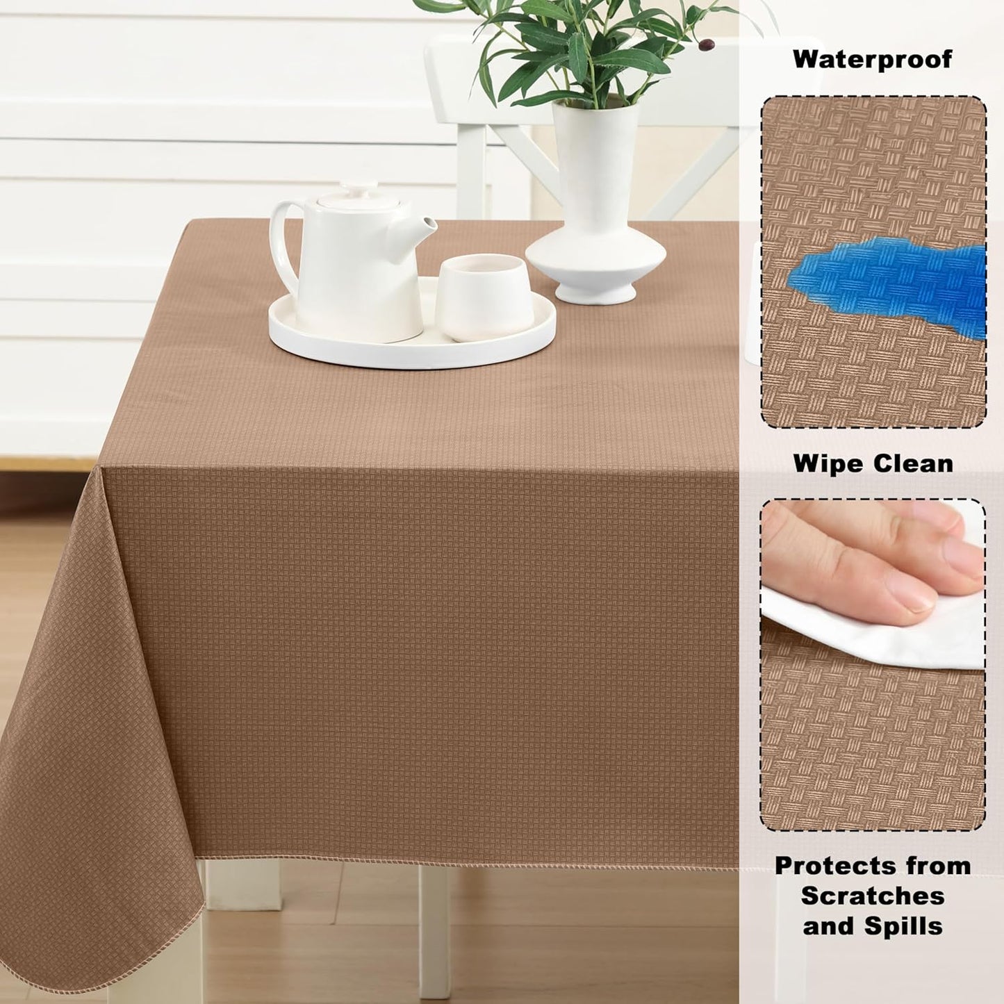 Newbridge Basketweave Vinyl Flannel Backed Tablecloth, 60 x 120 Inch Rectangle, Taupe, Basket Weave Textured Indoor Outdoor Waterproof Table Cover for Patio, Kitchen, Dining