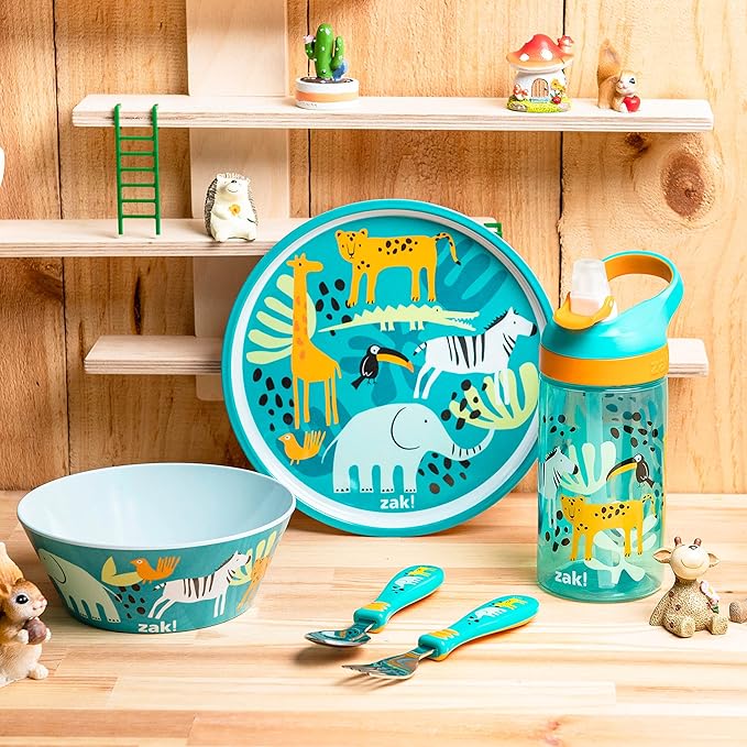 Zak Designs 5-Piece Dinnerware Set, Safari - Durable Plastic & Stainless Steel - Includes Water Bottle, 8-Inch Plate, 6-Inch Bowl, Fork & Spoon - Suitable for Kids Ages 3+