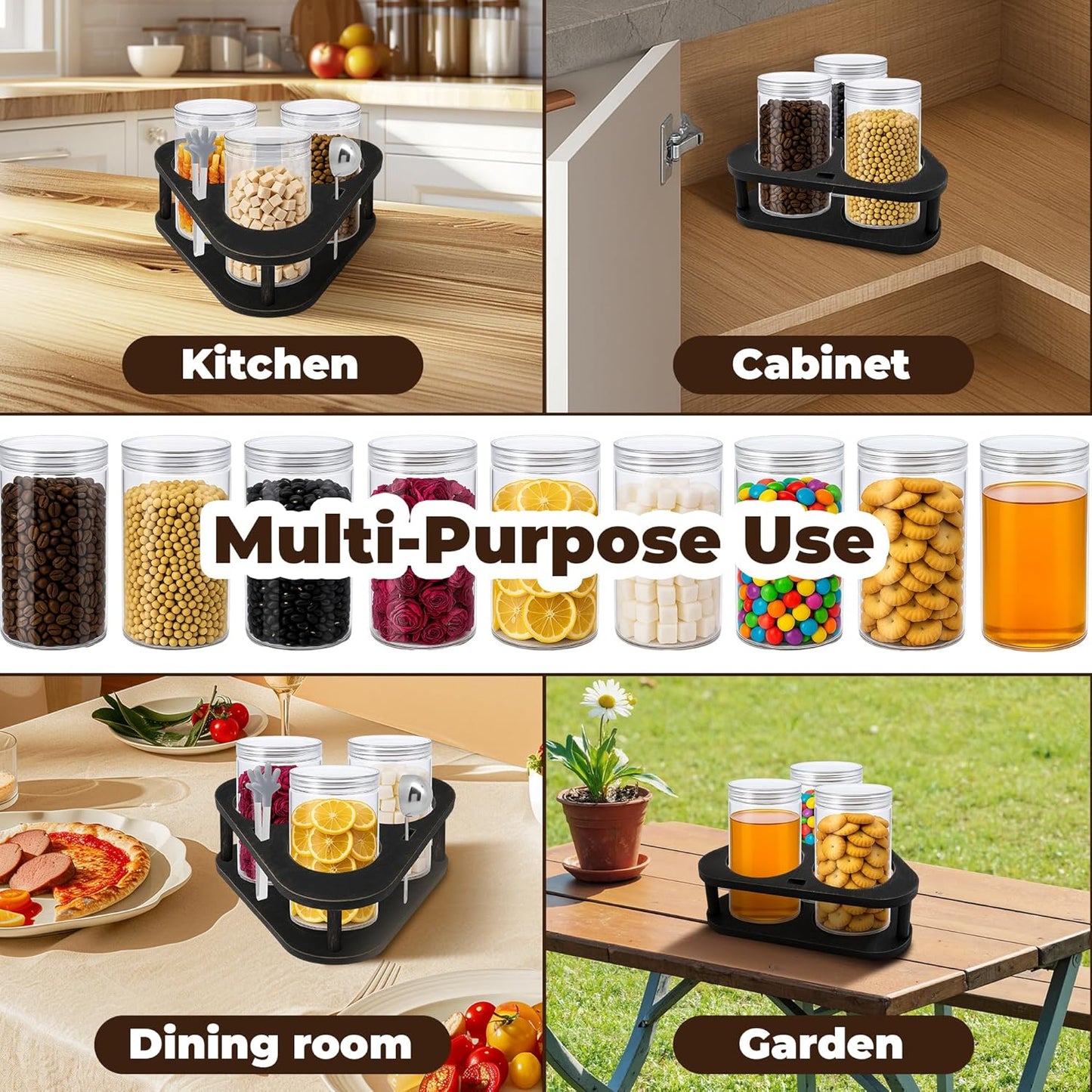 3 Pack Airtight Food Storage Containers with Lids,Clear Food Storage Jar Round Tin,Plastic Storage Canister Kitchen Pantry,Lazy Susan,Labels,Spoon,Food Tong,Pen