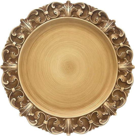 13 Inch Vintage Charger Plates Set of 6, Antique Gold Baroque Embossed Service Plates with Scalloped Edge, Rustic Decorative Underplates for Wedding, Thanksgiving & Elegant Dinner Table Decor