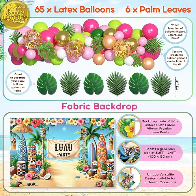 180 pc Premium Luau Party Decorations Set – Hawaiian Birthday Party Decor with Balloons, Backdrop, Table Skirt, Toppers & More – Tropical Aloha Themed Supplies for Indoor & Outdoor Celebrations