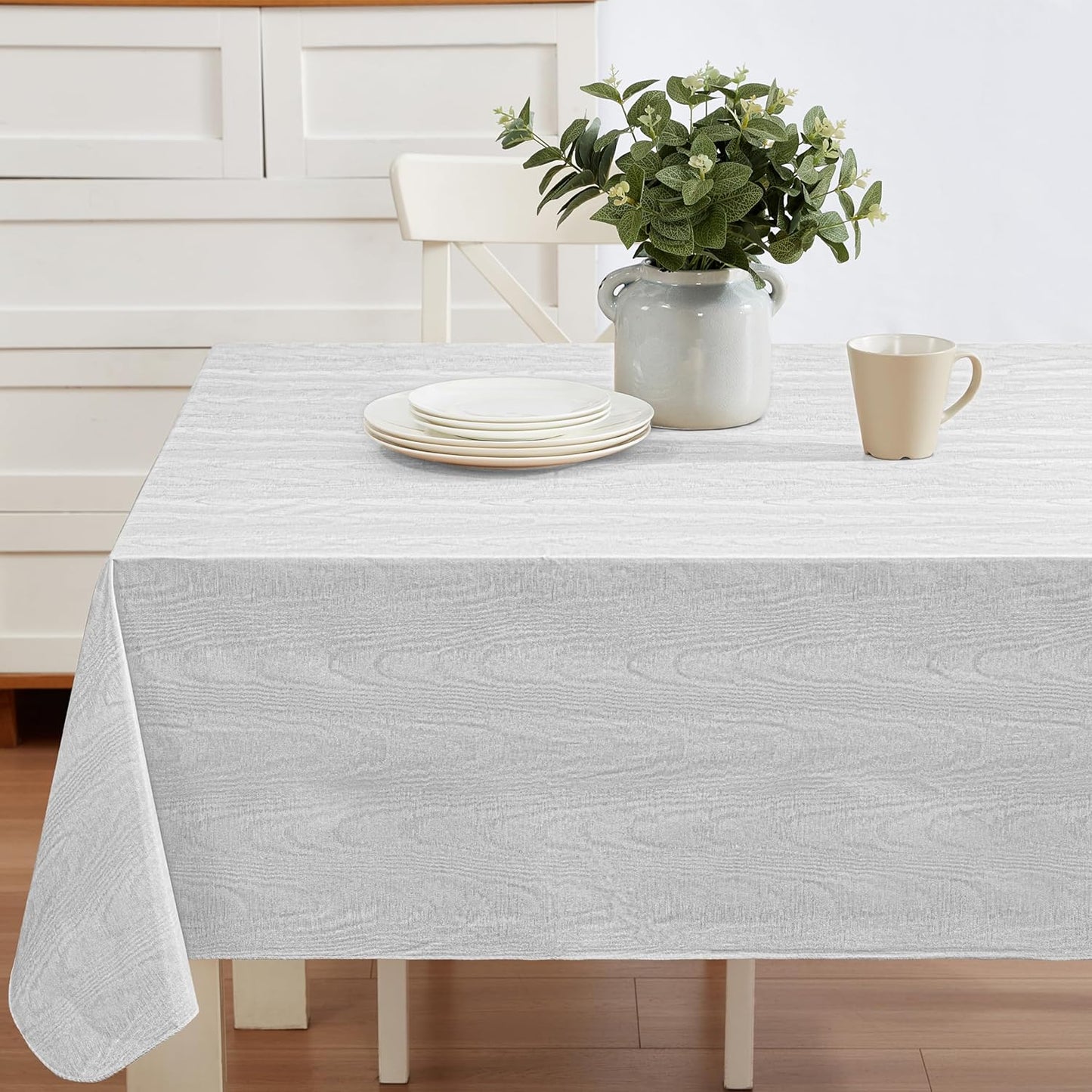 Newbridge Vinyl Flannel Backed Tablecloth, 60 x 120 Inch Rectangle, Silvery White Moire Wavy Solid Design, Heavyweight Indoor Outdoor Waterproof Table Cover, Easy Care Wipe Clean