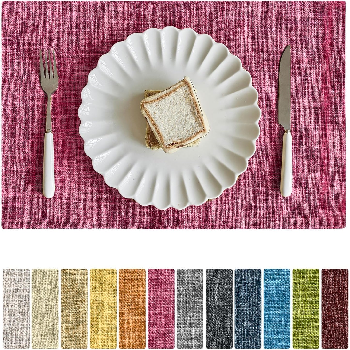 Softalker Faux Linen Placemats Set of 12-12 x 18 Inch, Heat Resistant Double Layered Durable Burlap Farmhouse Place Mats, Non-Slip Washable Rustic Table Mats for Dining, Kitchen, Party（Pink