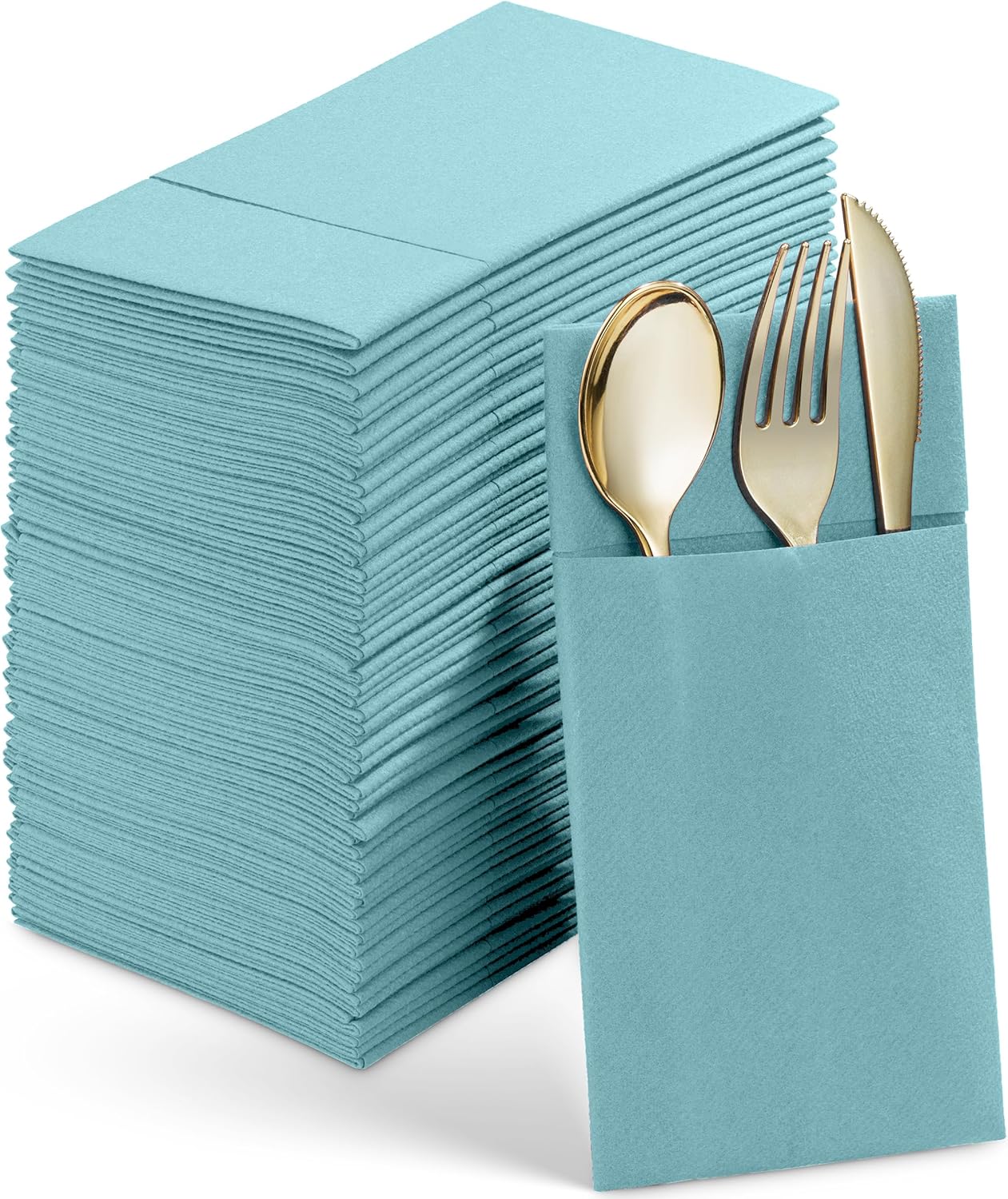 50-Pack Disposable Linen-Feel Dinner Napkins With Built-in Flatware Pocket, PALE BLUE Prefolded Cloth Like Paper Napkins For Wedding, Dinner Or Party