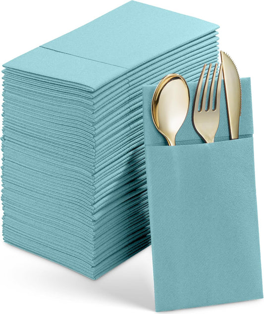 50-Pack Disposable Linen-Feel Dinner Napkins With Built-in Flatware Pocket, PALE BLUE Prefolded Cloth Like Paper Napkins For Wedding, Dinner Or Party