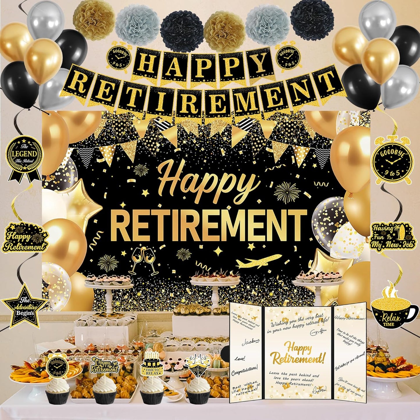 DARUNAXY Retirement Party Decorations, Black Gold Happy Retirement Banner, Officially Retired Signature Guestbook The Legend Has Retired Balloons Hanging Swirl Tissue Paper Pom Poms Supplies for Men
