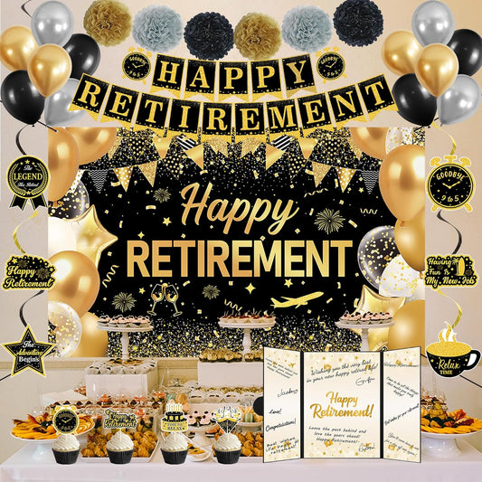 DARUNAXY Retirement Party Decorations, Black Gold Happy Retirement Banner, Officially Retired Signature Guestbook The Legend Has Retired Balloons Hanging Swirl Tissue Paper Pom Poms Supplies for Men