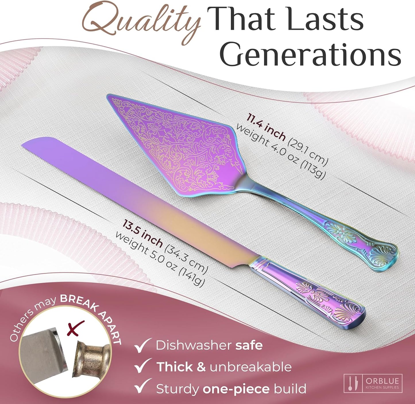 Orblue Wedding Cake Knife and Server Set - Premium, Beautifully Engraved Cutting Set - Elegant Keepsake for Newlyweds Multicolored