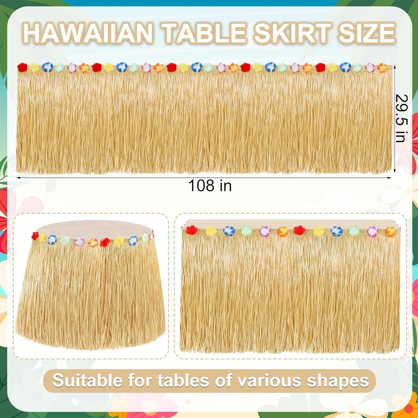8PCS Hawaiian Table Skirt, Gold Luau Themed Grass Table Skirt Party Supplies, Indoor Outdoor 108 X 29.5" Flower Tropical Hula Dance Parties Supplies Bulk, Table Skirt for Summer Beach Themed Party