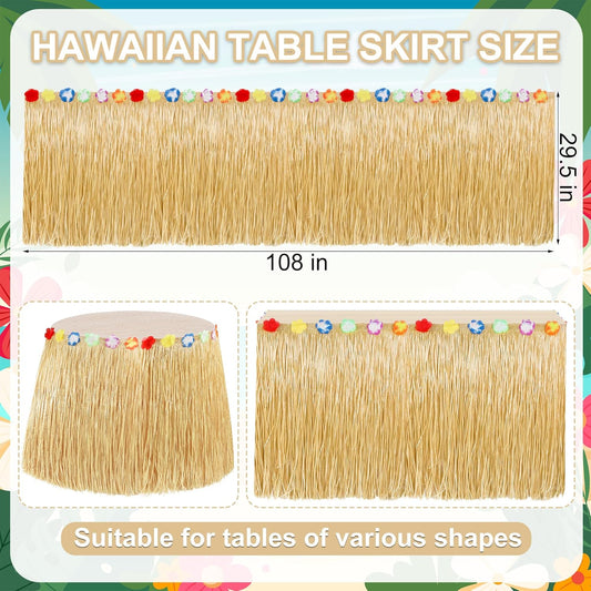 8PCS Hawaiian Table Skirt, Gold Luau Themed Grass Table Skirt Party Supplies, Indoor Outdoor 108 X 29.5" Flower Tropical Hula Dance Parties Supplies Bulk, Table Skirt for Summer Beach Themed Party