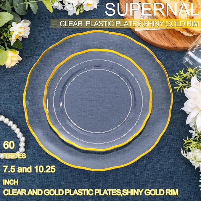supernal 60Pcs Clear and Gold Plastic Plates,Clear Disposable Plate With Gold Rim,Heavy Duty Plastic Plates Set Perfect for Valentine's Day,Mother's Day,Easter,Wedding,Party