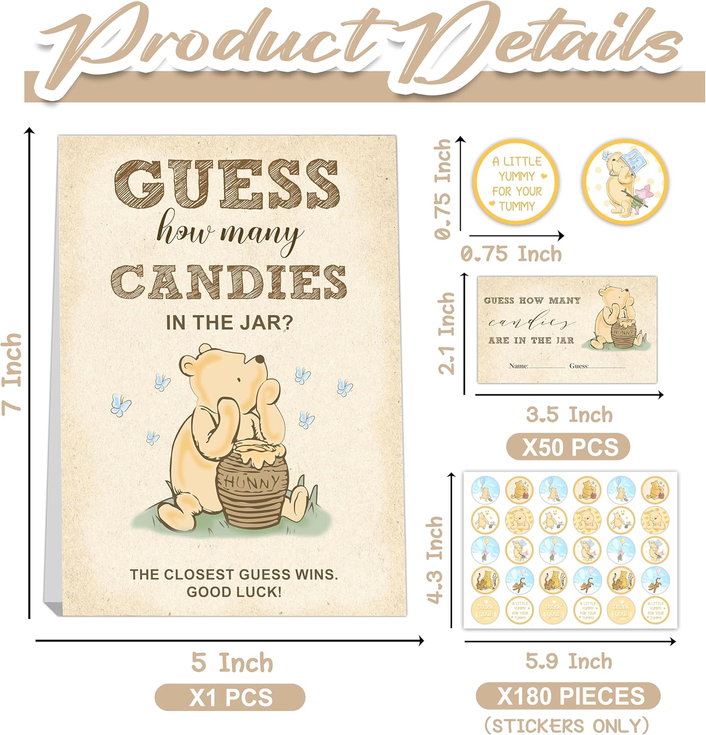 Winnie the Pooh Baby Shower Games - Guess How Many Candies Standing Sign, 50 Guessing Cards, 180 Stickers