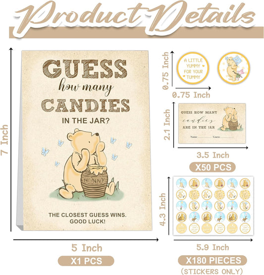 Winnie the Pooh Baby Shower Games - Guess How Many Candies Standing Sign, 50 Guessing Cards, 180 Stickers