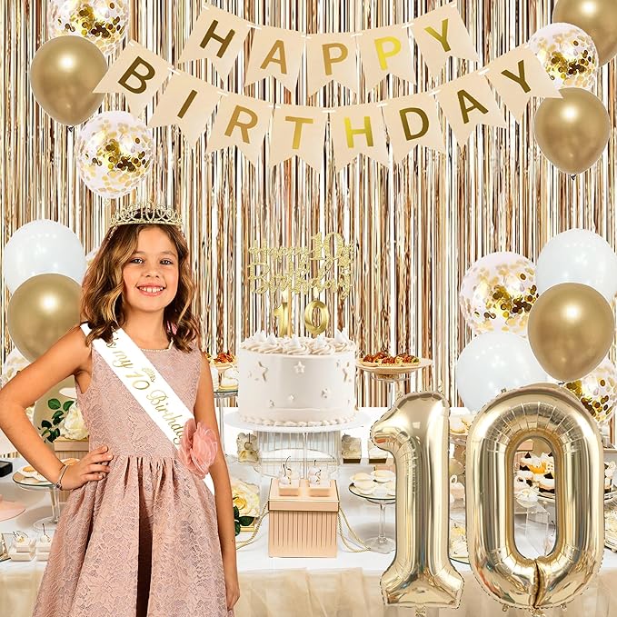 Trgowaul 10th Birthday Decorations for Girls, Banner, Sash and Crown, Cake Topper, 10 Number Balloon, Fringe Curtains, Champagne Gold 10th Birthday Party Supplies