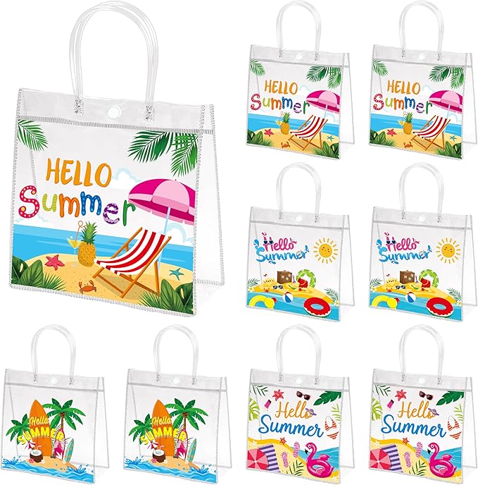 H1vojoxo Hello Summer Gift Bags - 24PCS Beach Vacation Clear Gift Bags with Handles 7.9 x 3.2 x 7.9 Inch Reusable PVC Plastic Transparent Waterproof Tote Bag for Summer Party Birthday Party Supplies