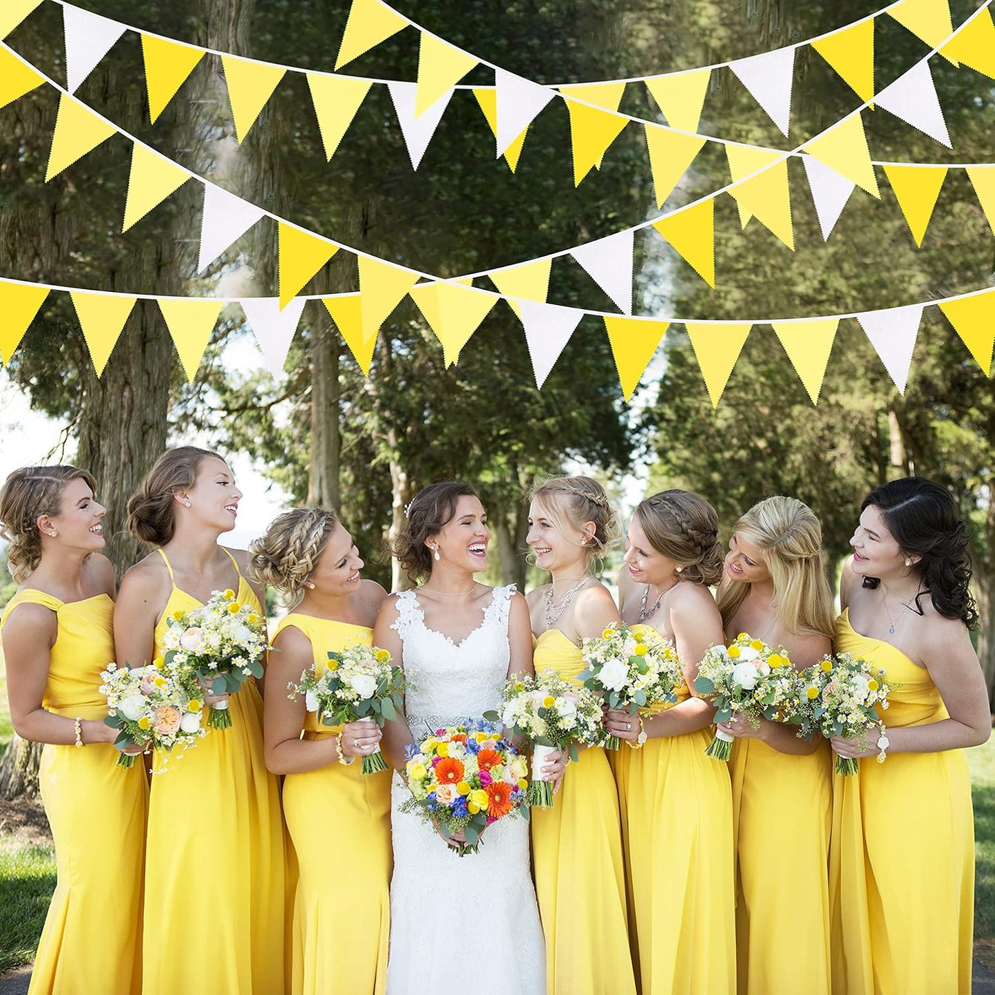 32Ft Yellow Party Decorations Yellow White Pennant Banner Fabric Triangle Flag Bunting Garland for Lemon Bee Sunflower Birthday Baby Shower Anniversary Wedding Party Home Outdoor Garden Decorations