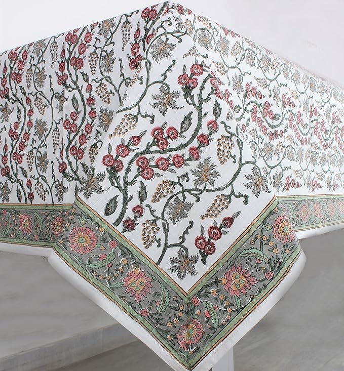 Ridhi Hand Block Print Coral Pink Rectangle Cotton Tablecloth 190" x 72" Reusable Table Cover Decorative Everyday Use for Dining, Farmhouse, Home Gift for Spring, Easter, Valentine
