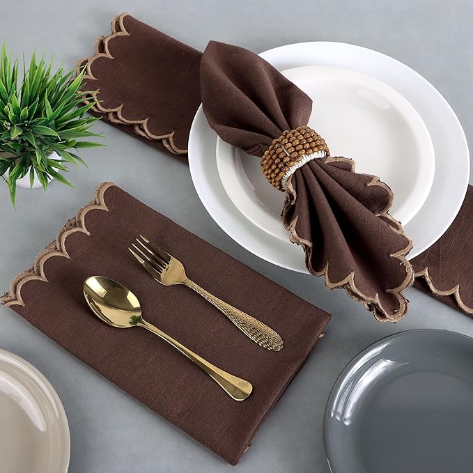 FINGERCRAFT Cloth Napkins, Everyday Use Scallop Design, Premium Quality Natural Cotton Napkin Set of 6 Perfect for Parties Dinners Weddings Easter Napkin Cloth 20x20 inch Chocolate/Brown