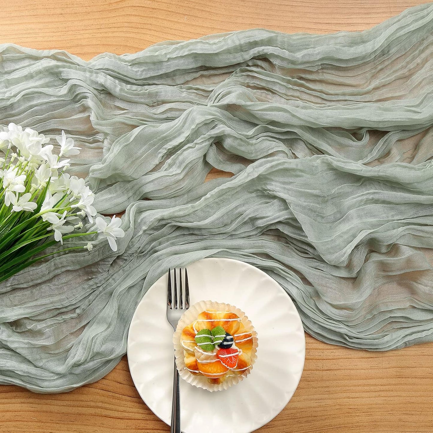 DOLOPL Table Runner for Baby Shower Decorations, Sage Green Cheese Cloth Table Runner 13.3ft – Sheer Gauze Wedding Table Decor for Bridal Shower, Spring Party, Rustic Farmhouse Decorations