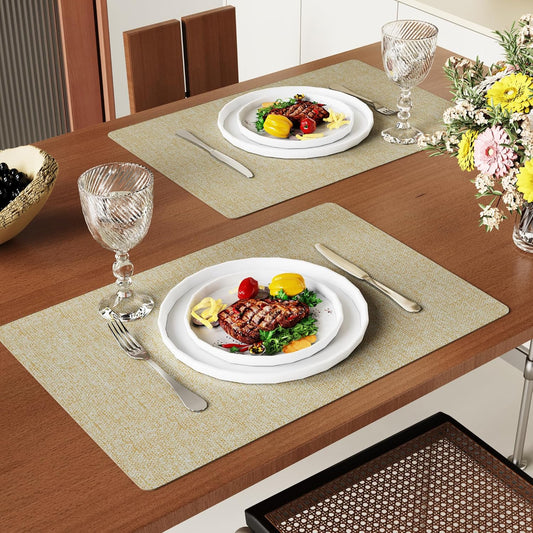 DOLOPL Placemats Set of 6, Beige Faux Leather Heat Resistant Place Mats for Dining Table, Waterproof Oilproof Wipeable Washable Table Mats, Easy to Clean Anti-Slip Tablemats for Kitchen, Party