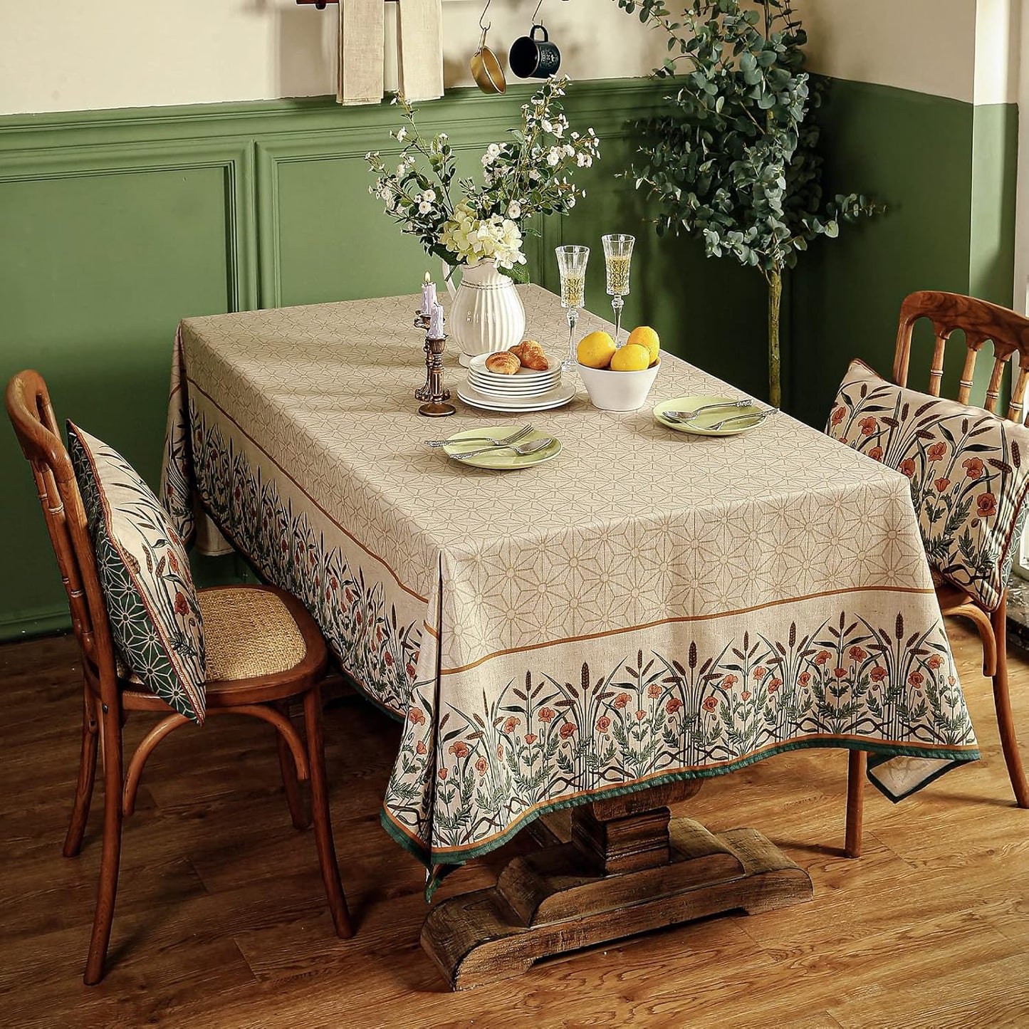 patdrea Designer French Light Brown Rectangle Table Cloth,Linen Floral Durable Breathable Tablecloth,Decorative for Kitchen Dining,Parties,Tea Party,Christmas,Thanksgiving,55"x79"-Cudillero