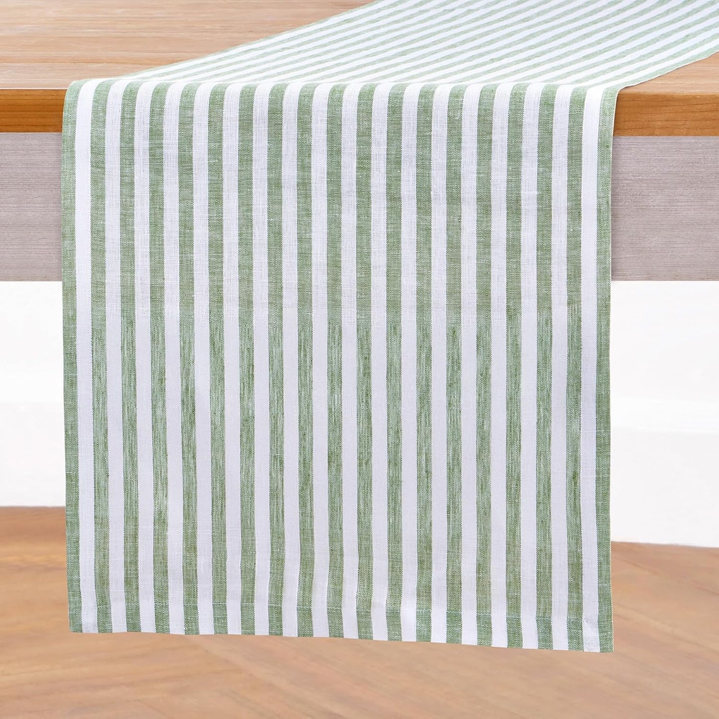 Solino Home Linen Table Runner 132 Inches Long - Amalfi Stripe, 100% Pure Linen Green and White Table Runner 14 x 132 Inch for Dining