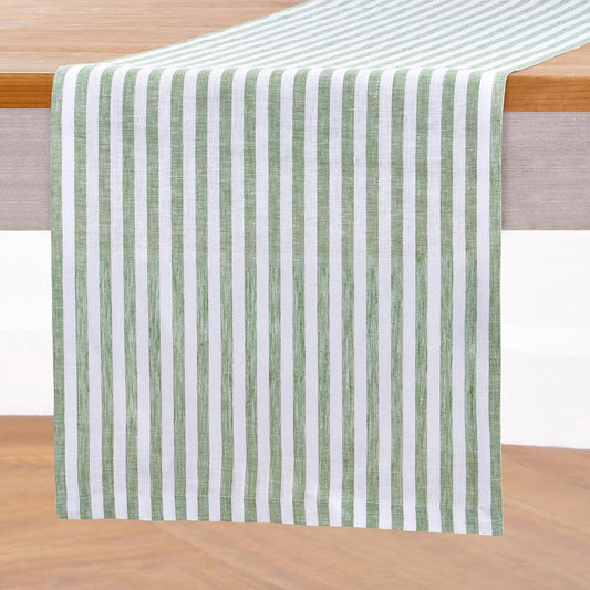 Solino Home Linen Table Runner 144 Inches Long - Amalfi Stripe, 100% Pure Linen Green and White Table Runner 14 x 144 Inch for Dining