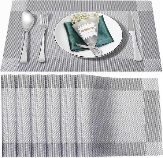 Placemats Set of 6,Washable,Heat and Stain Resistant Indoor/Outdoor Place mats,Vinyl Woven Non Slip Table Mats for Restaurant Table Protection,PVC Placemats(Silver, 6PCS)