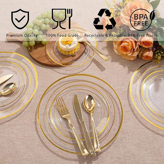 100Pcs Clear Plastic Dessert Plates, Thanksgiving Plates Disposable Salad Plate with Gold Rim, Premium Hard Fancy Small Plate, Heavy Duty Plastic Cakes Platos for Party, Wedding and Birthday