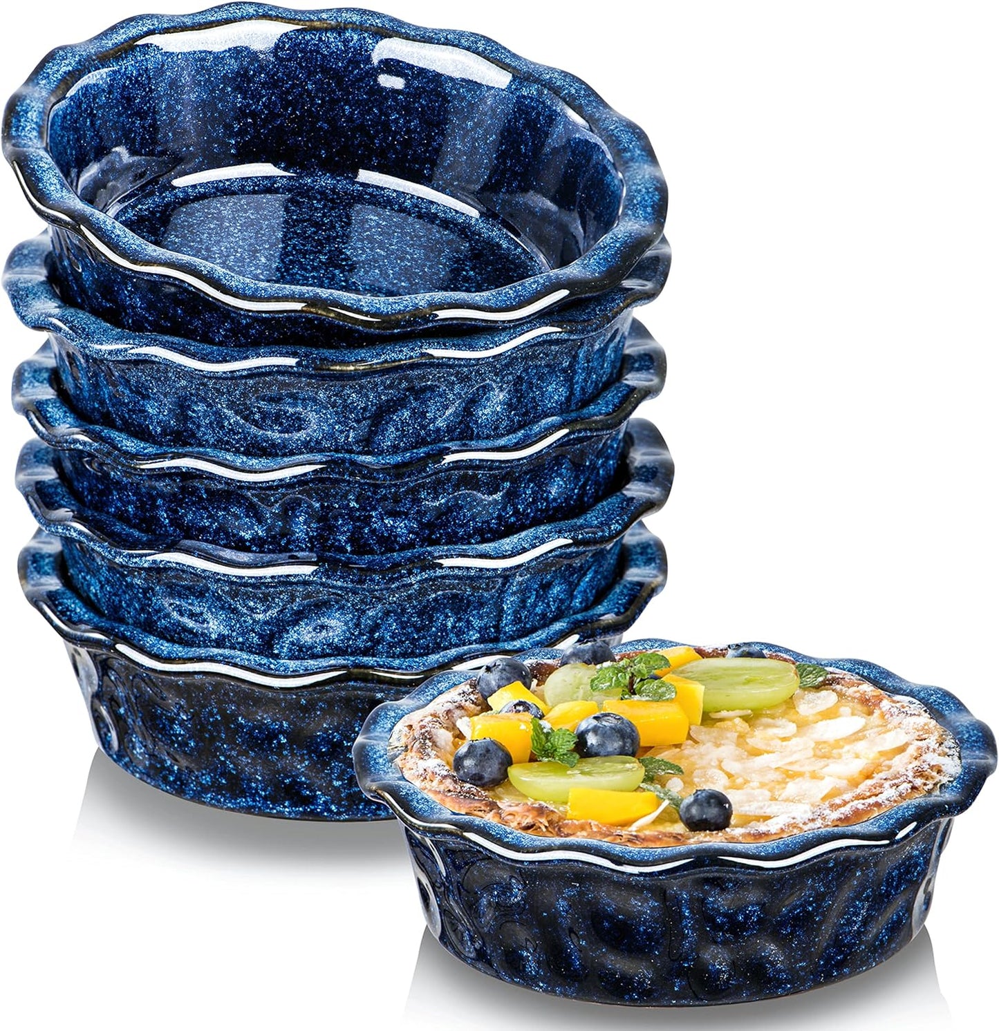 vicrays Ceramic Pie Pan for Baking - 5.5 inch Small Pie Plates Deep Dish Round Pot Casserole Mini Serving Bowl, Microwave Oven Safe for Dessert Apple Pie Cake Tart Pizza, Set of 6 - Blue