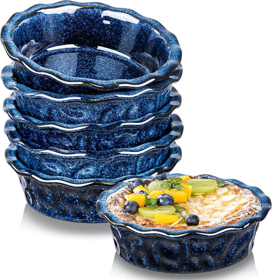 vicrays Ceramic Pie Pan for Baking - 5.5 inch Small Pie Plates Deep Dish Round Pot Casserole Mini Serving Bowl, Microwave Oven Safe for Dessert Apple Pie Cake Tart Pizza, Set of 6 - Blue