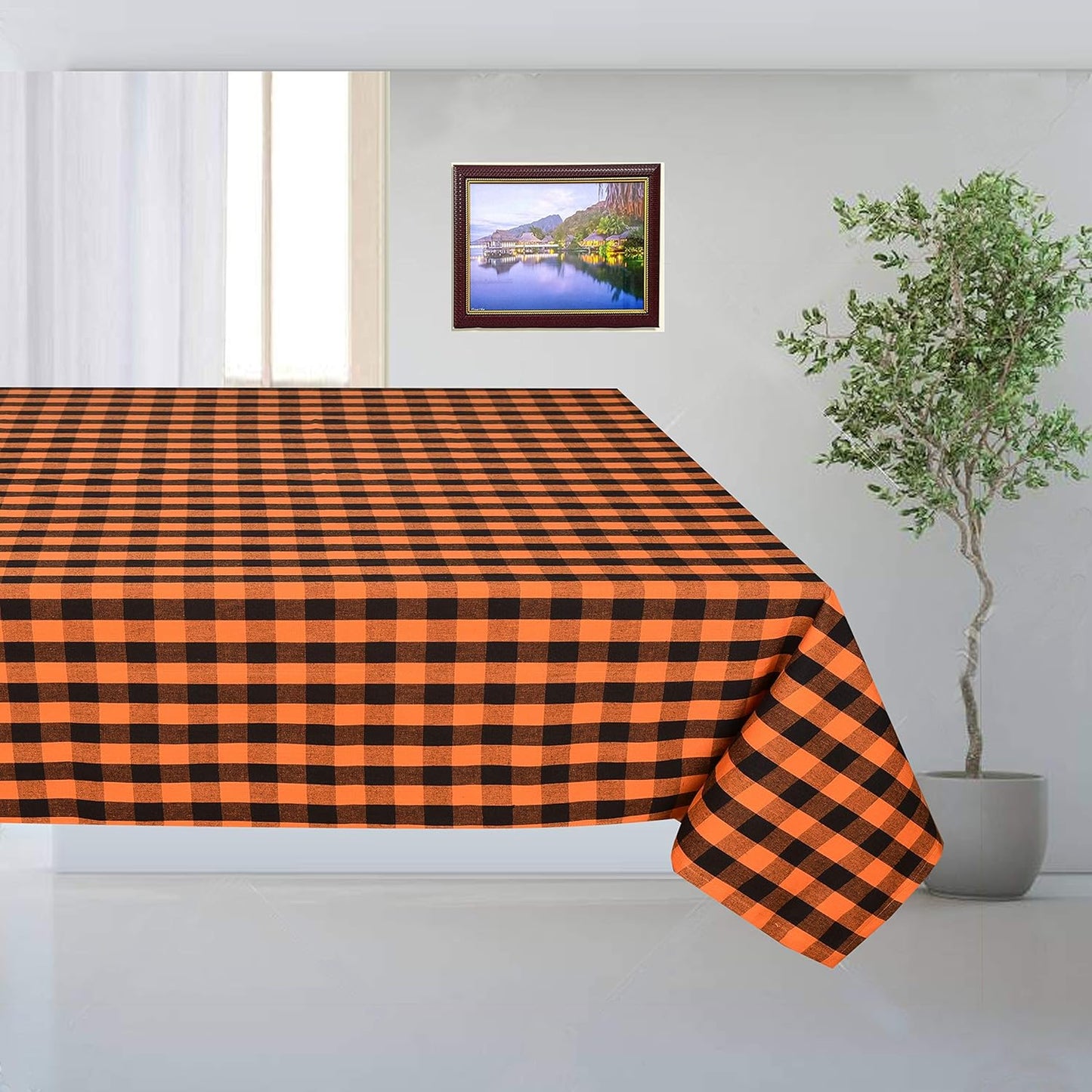 Urban Villa Halloween Tablecloth Buffalo Check Table Cloth Tabletop Cover Kitchen Dining Tablecloth Size- 60"X84"100% Cotton Ideal for Parties Wedding Holiday Dinner Orange/Black Rectangle 6-8 Seats