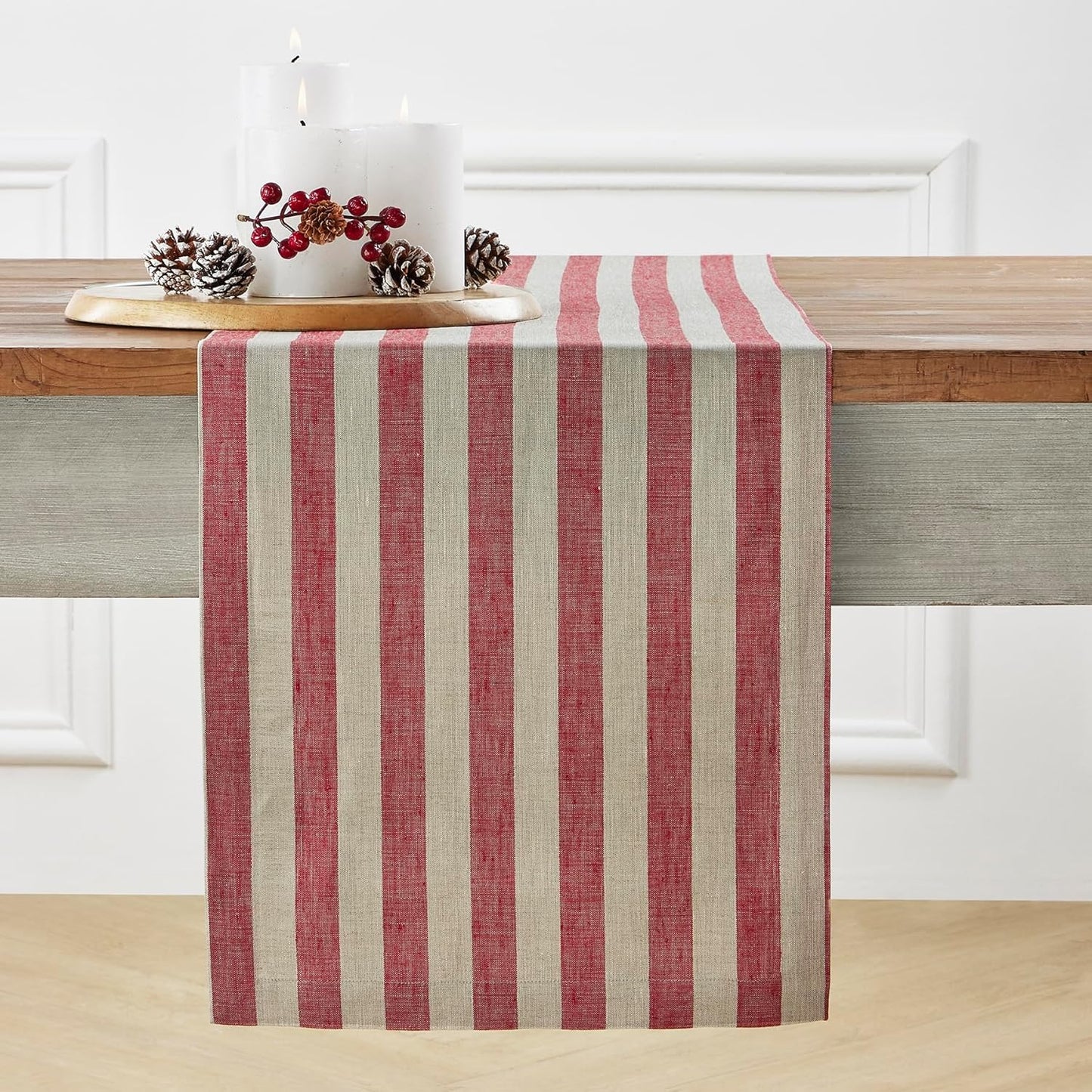 Solino Home Linen Table Runner 120 Inches Long - Sorrento Stripe, 100% Pure Linen Red and Natural Farmhouse Table Runner 14 x 120 Inch for Dining, Fall, Autumn, Thanksgiving, Christmas