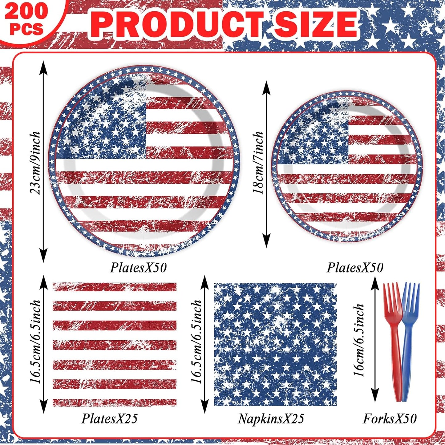 America's 50 Guests Patriotic Party Set: Flag Decorations, Plates & Napkins - 4th July, Memorial Day, Election Day Pack of 200PCS