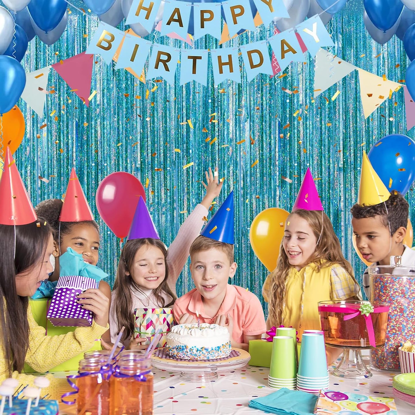 Crosize 3 Pack 3.3 x 9.9 ft Laser Blue Foil Fringe Curtains Party Decorations, Laser Blue Tinsel Curtain Backdrop for Parties, Door Streamers, Glitter Streamer Backdrop for Birthday Decoration