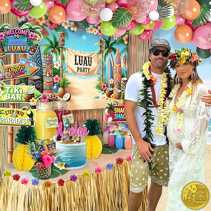 180 pc Premium Luau Party Decorations Set – Hawaiian Birthday Party Decor with Balloons, Backdrop, Table Skirt, Toppers & More – Tropical Aloha Themed Supplies for Indoor & Outdoor Celebrations
