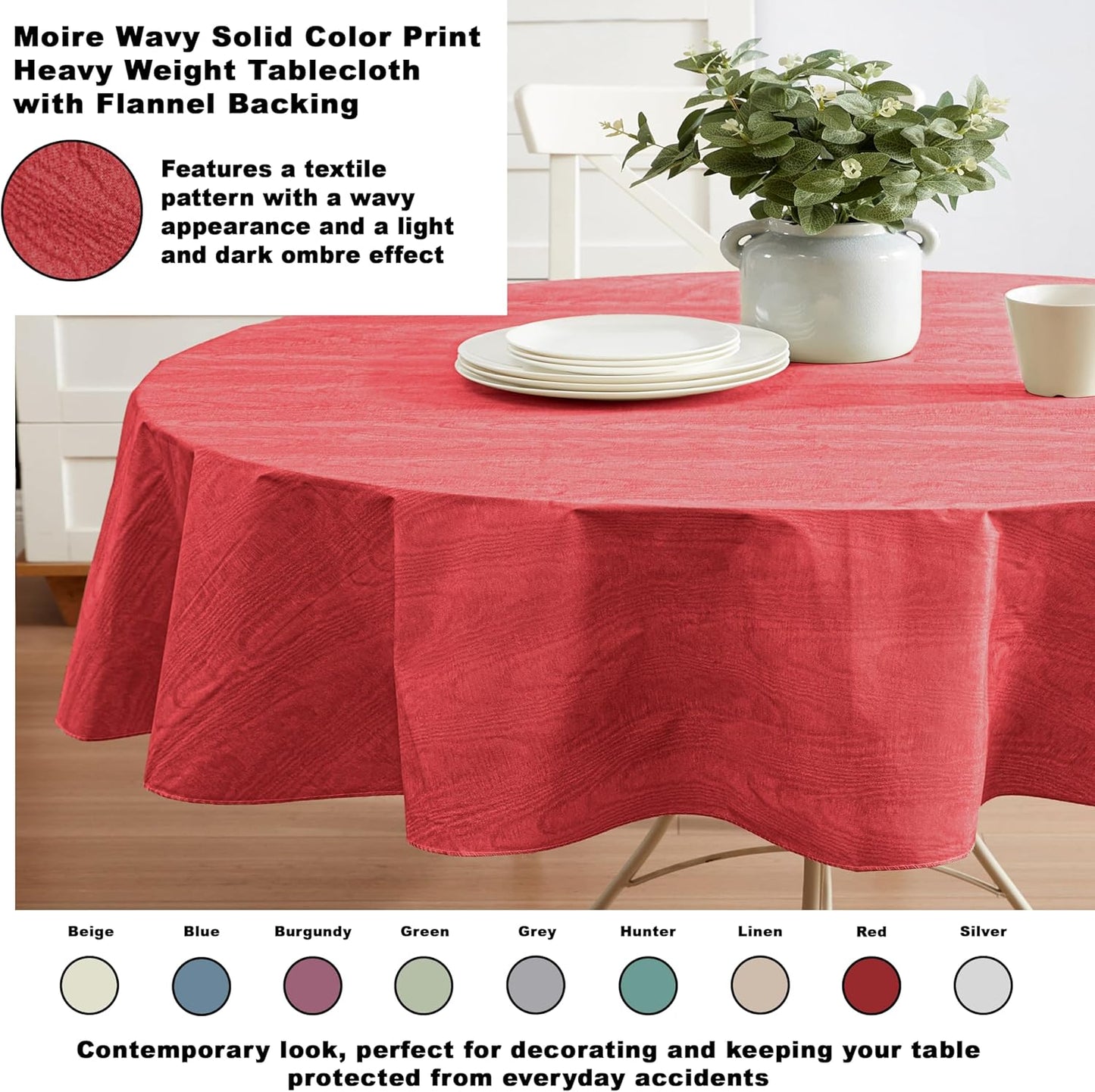 Newbridge Vinyl Flannel Backed Tablecloth, 60 x 84 Inch Oval, Red Moire Wavy Solid Design, Heavyweight Indoor Outdoor Waterproof Table Cover, Easy Care Wipe Clean