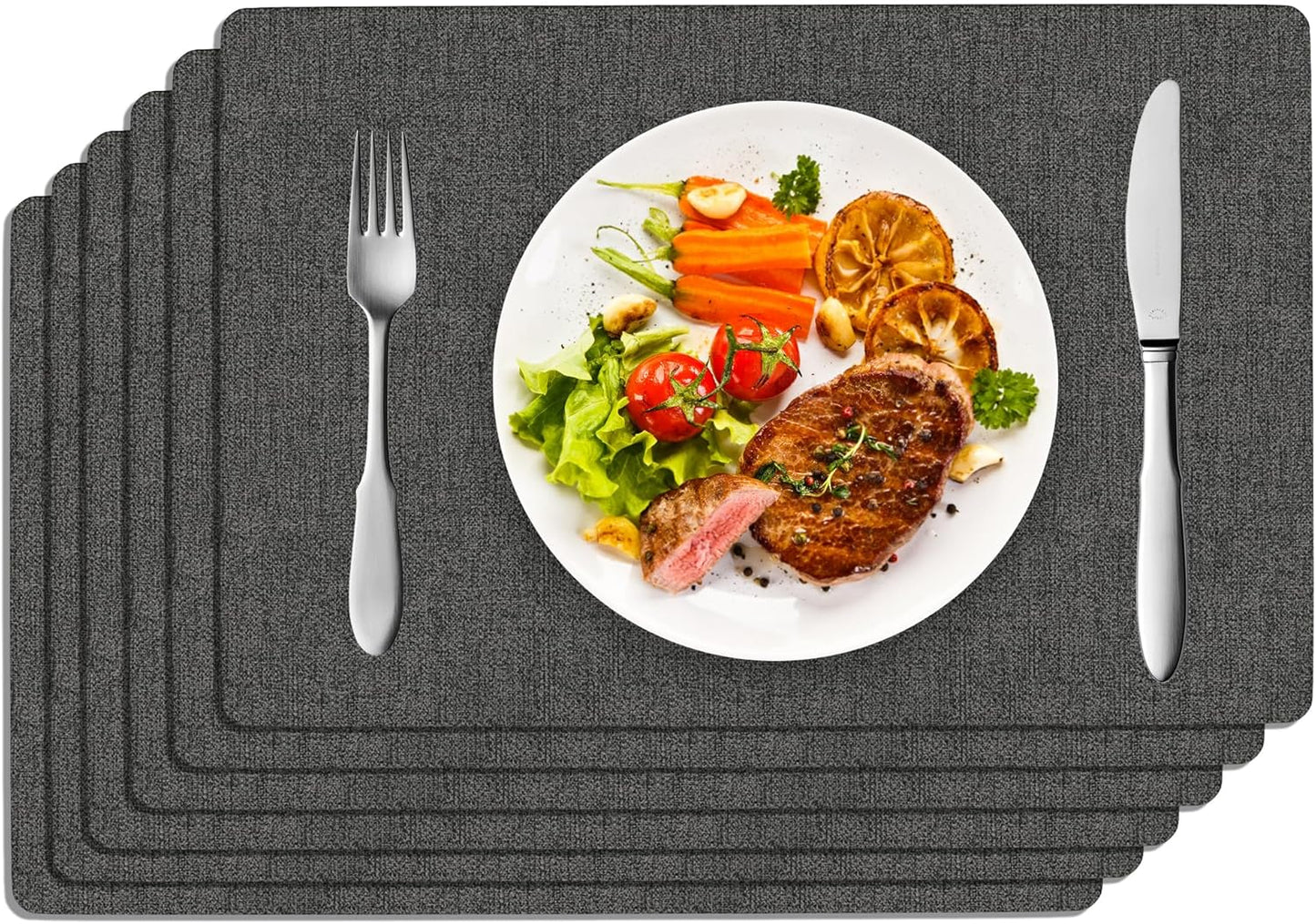 DOLOPL Placemats Set of 6, Faux Leather Heat Resistant Place Mats for Dining Table, Waterproof Oilproof Wipeable Washable Table Mats, Easy to Clean Anti-Slip Tablemats for Outdoor & Indoor, Charcoal