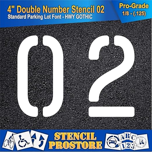 Pavement, Curb, and WheelStop Stencils - 4 inch Double Number Stencil - (02) - 4" x 5.5" x 1/8" (128 mil) - Pro-Grade