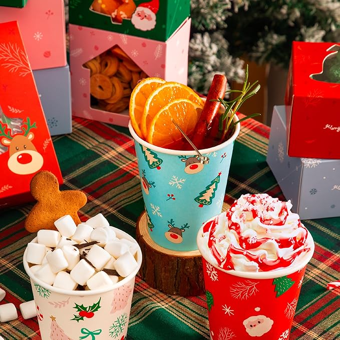 Fit Meal Prep 50 Pack 8 oz Christmas Coffee Cups, Durable Thickened Christmas Disposable Paper Cups for Hot Beverage Chocolate Tea Cocoa, Xmas Party Cups for Kids, Adult, Party, Holiday