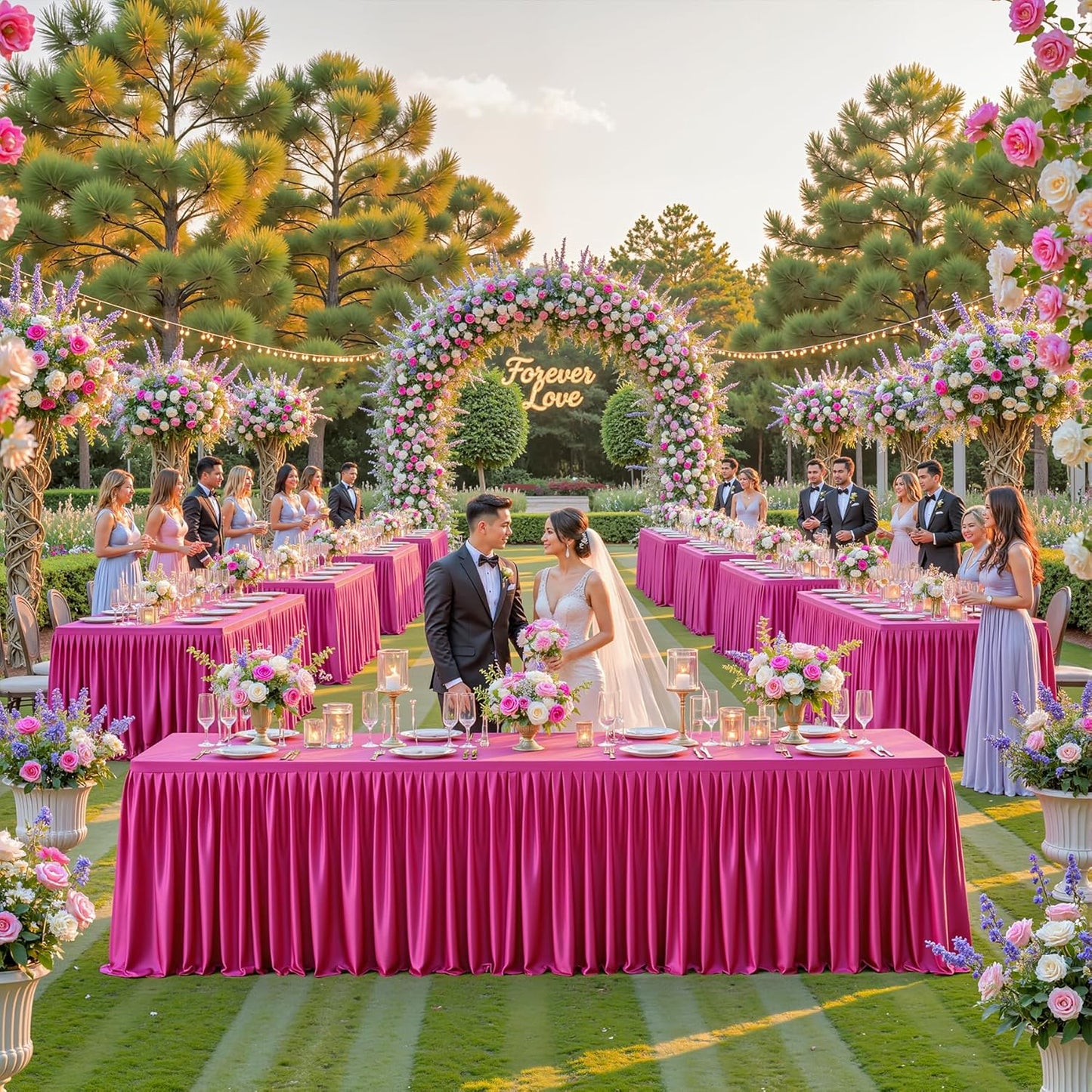 Hot Pink Polyester Table Clothes for 8 Foot Rectangle Tables, Wrinkle Free Fitted Table Cover with Pleated Ruffle Table Skirt for Birthday Party Wedding Trade Show Event Display