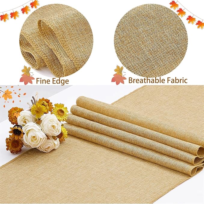 B-COOL 4 Pieces Burlap Table Runners: 13x108 Inch Khaki Rustic Jute Table Runner Thanksgiving Table Cover for Farmhouse Macrame Boho Fall Party Home Dining Decorations