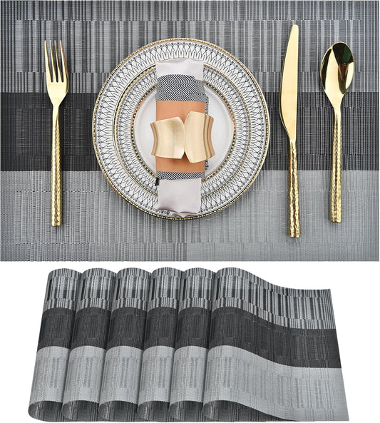SLKQG Placemats Set of 6 - Easy Clean Washable Vinyl Placemats - Heat Resistant PVC Place Mats for Dining Table (Black and Gray, 6)