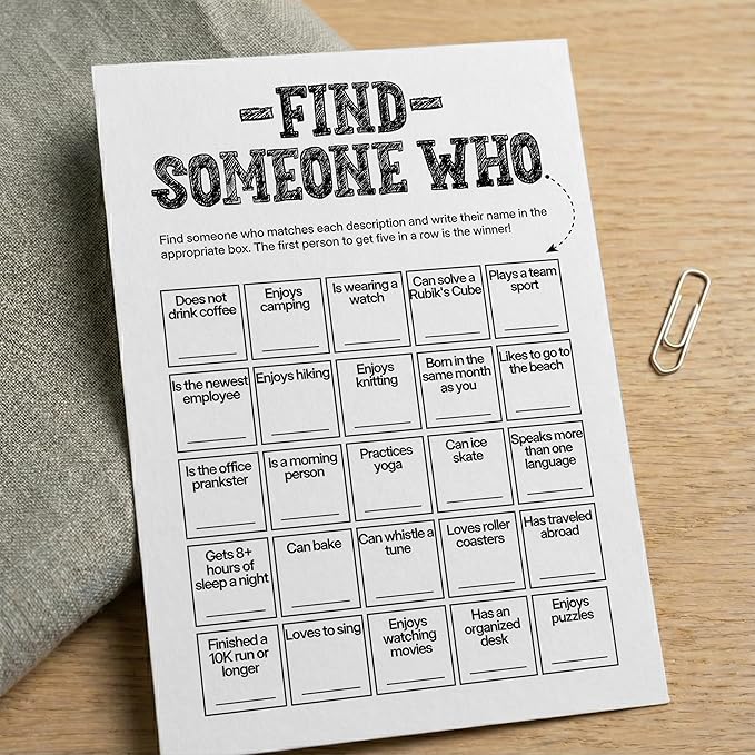 Sahjzk Office Bingo Cards, 25 Unique Randomized 5x7 Sheets, Get to Know You Bingo Game for Adults, Ice Breaker Office Party Games, Team Building Games for Work, High Replay Value - A05