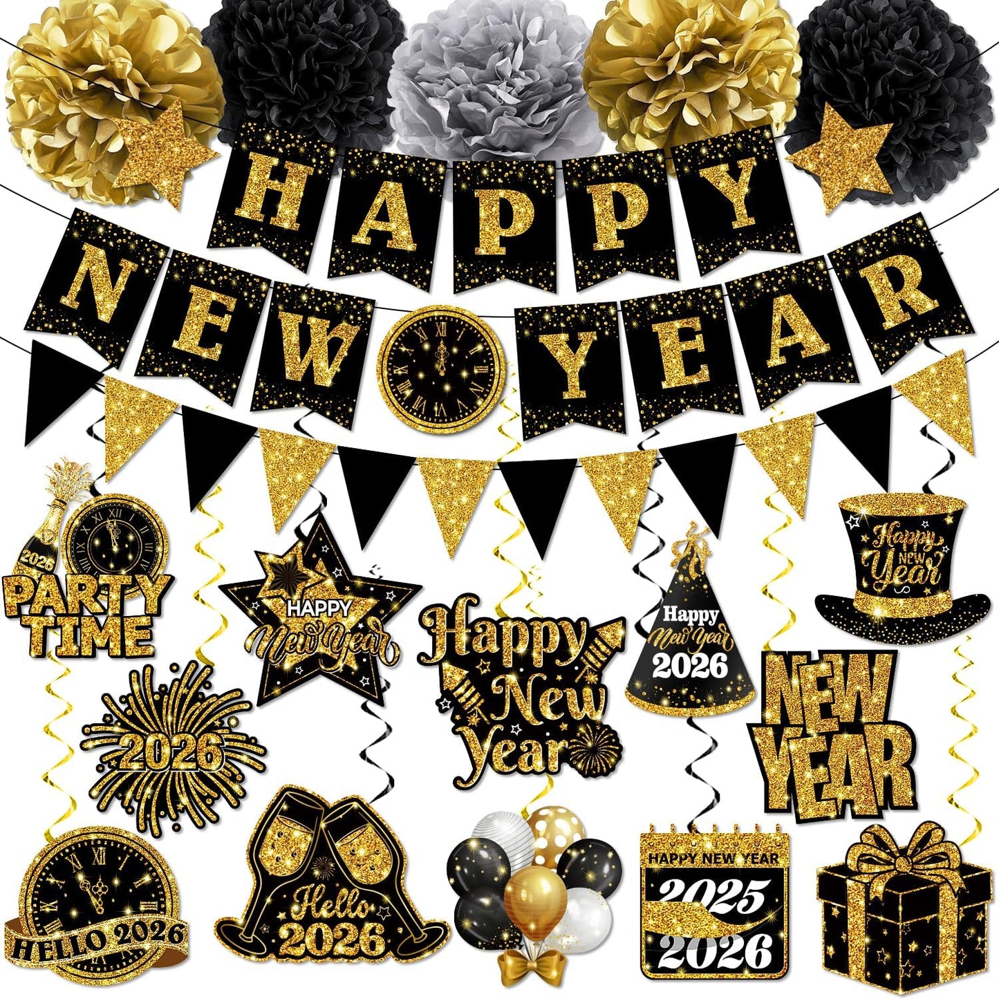 New Years Decorations Hanging Swirls,Black and Gold 2026 New Years Eve Decorations Banner Ceiling Hanging Pom Pom Garland Triangle Flag for Happy New Year Decorations