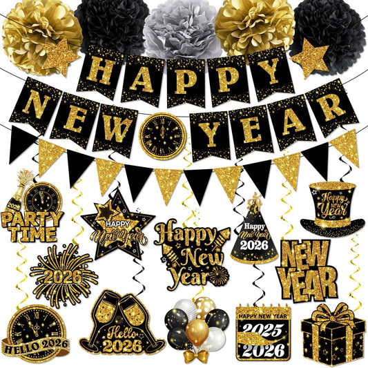 New Years Decorations Hanging Swirls,Black and Gold 2026 New Years Eve Decorations Banner Ceiling Hanging Pom Pom Garland Triangle Flag for Happy New Year Decorations